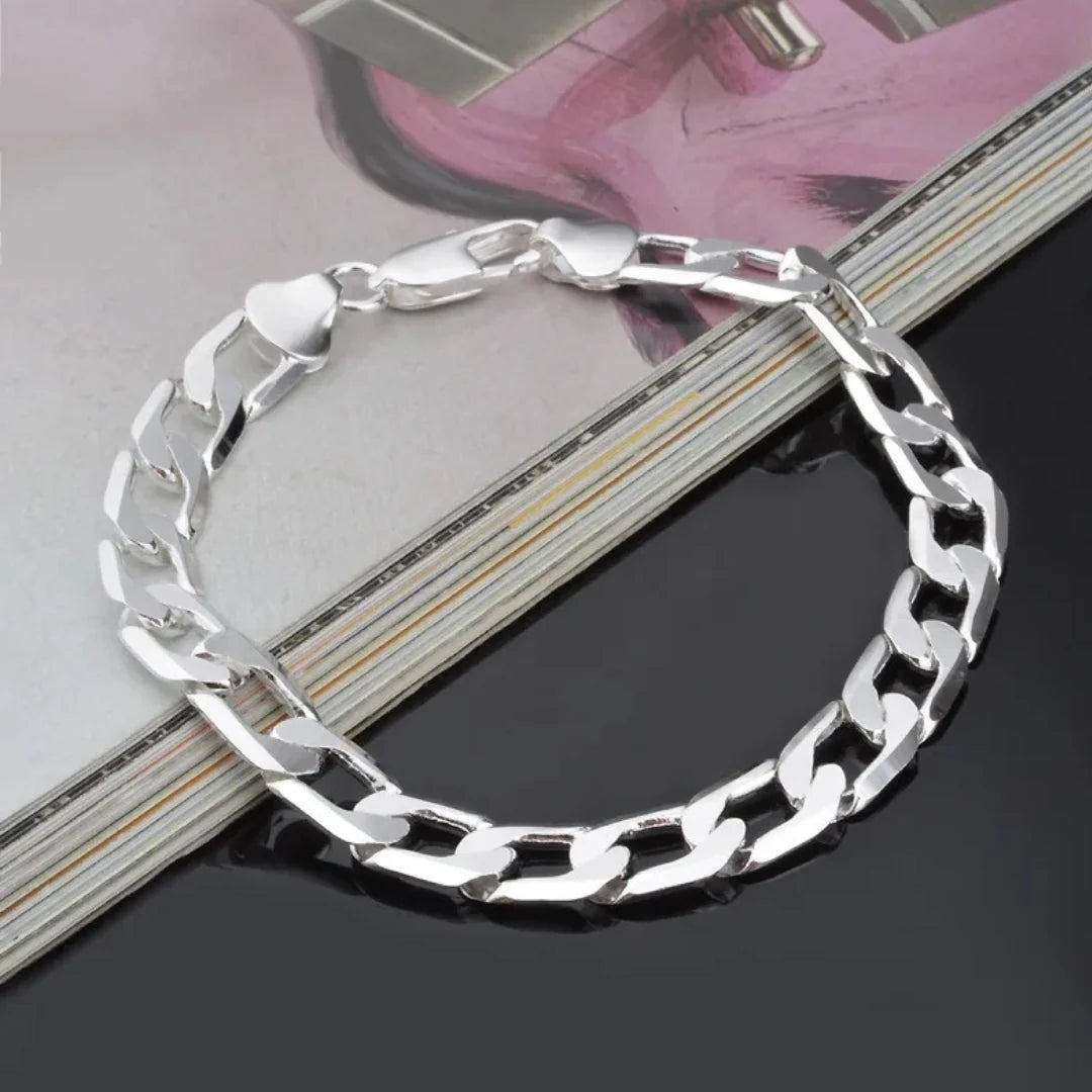 925 Silver Swiss Figaro Bracelet with 6 to 8mm Zirconia